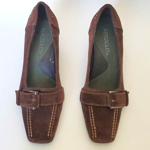 AEROSOLES BROWN SUEDE HEELS BUCKLE SQUARE TOE SIZE 8 CONTRAST STITCHING LOAFER - Picture 4 of 9